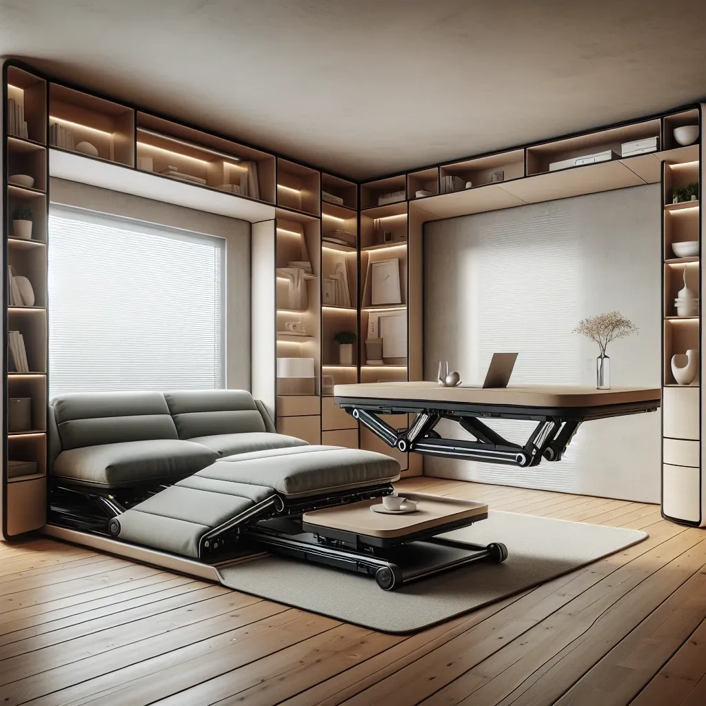 "Robotic furniture transforming a modern living room layout, showcasing modular seating and adaptive shelving that seamlessly reconfigures for various activities like lounging, working, and entertaining."