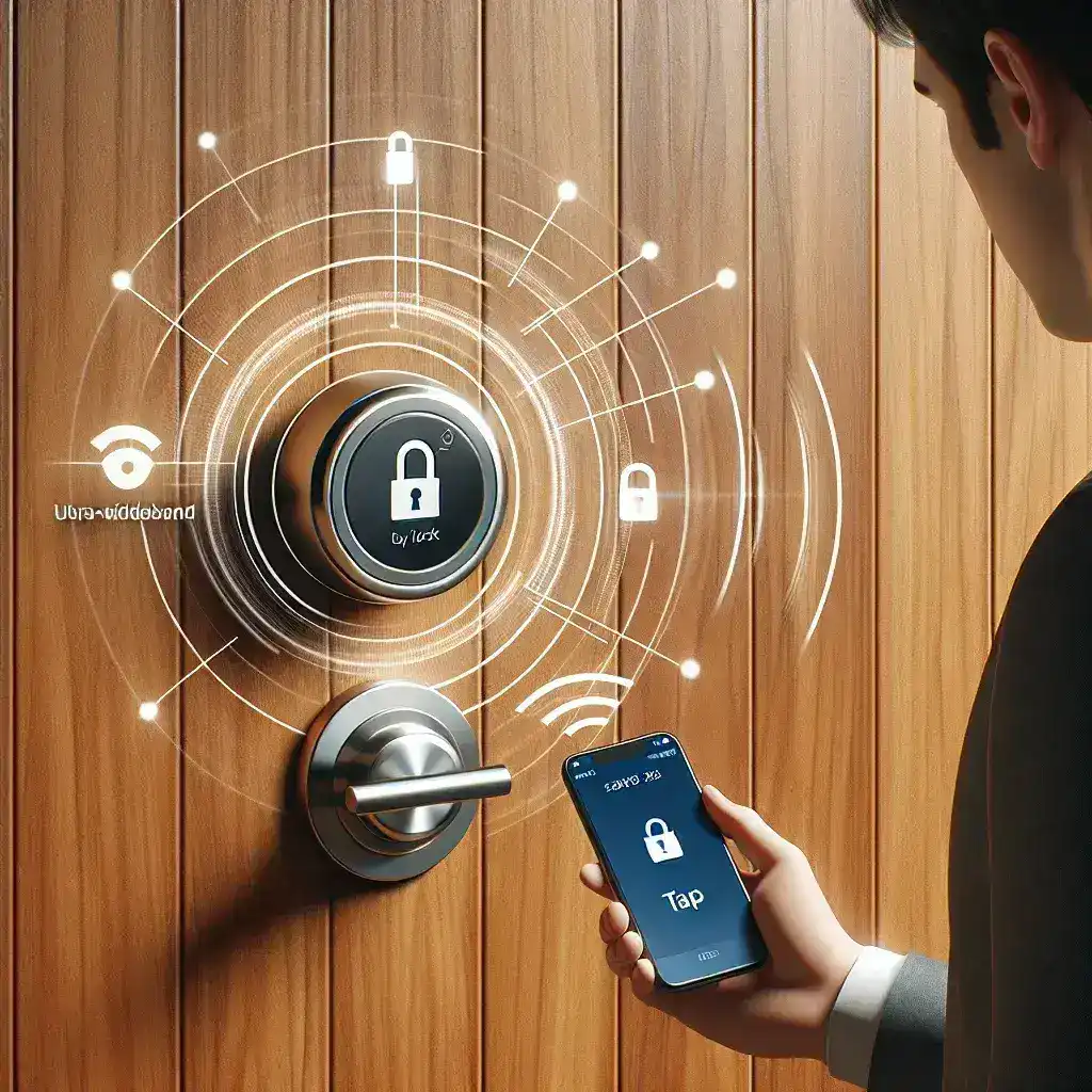"Schlage Encode Plus smart lock showcased with UWB tap-to-unlock technology, highlighting its modern design and convenience for keyless entry."