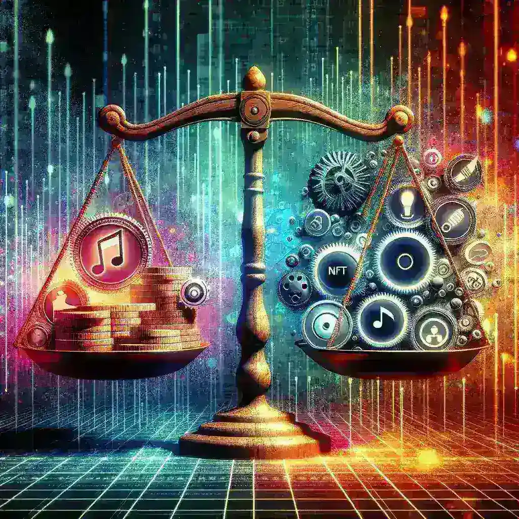 "Illustration depicting a diverse range of NFTs being utilized in practical applications beyond art, showcasing examples like digital real estate, virtual fashion, and tokenized event tickets, highlighting the stabilization of the NFT market."
