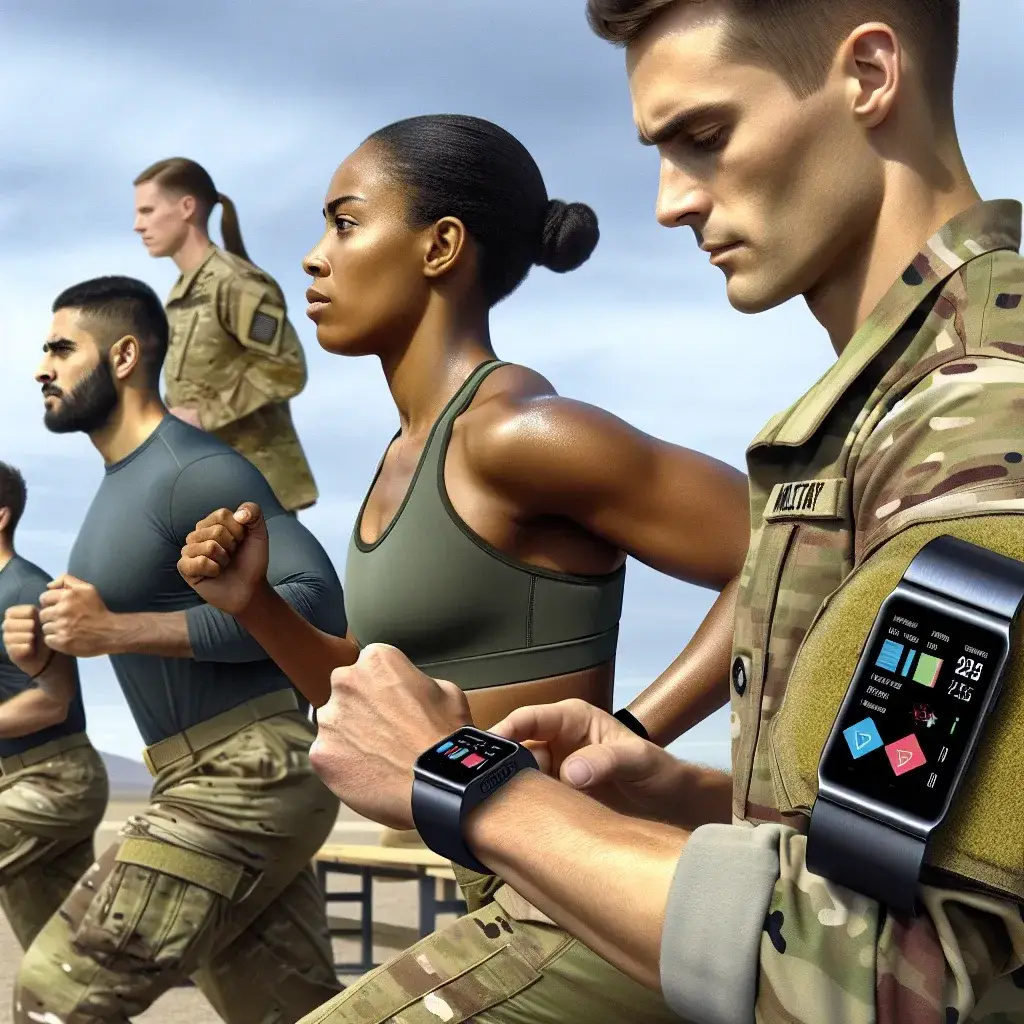 "US military soldier wearing a high-tech wearable health monitor to track readiness and enhance performance during training exercises."